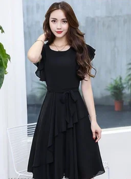 Elizy Women Black Plain Flair Georgette Short Dress - M, Black